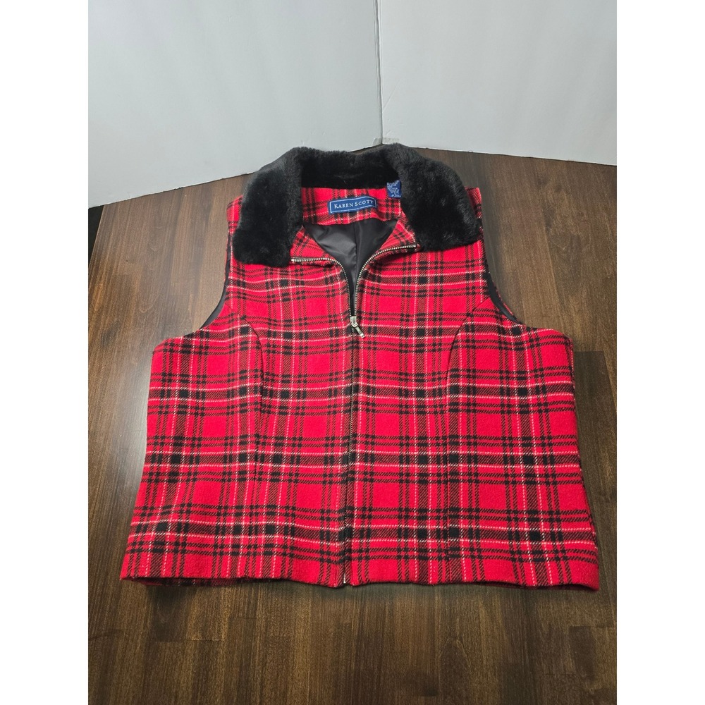 Karen Scott Red Black Plaid Wool Blend Vest Faux Fur Collar Large Holiday Vest